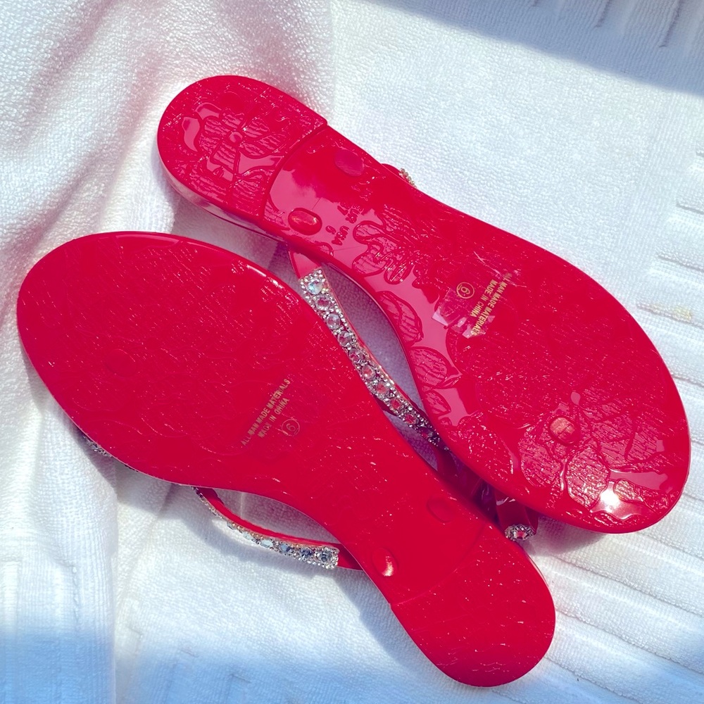SZ 8 NWT RED RHINESTONE JELLY TOP MODA SANDAL BOW BLING - Picture 6 of 7